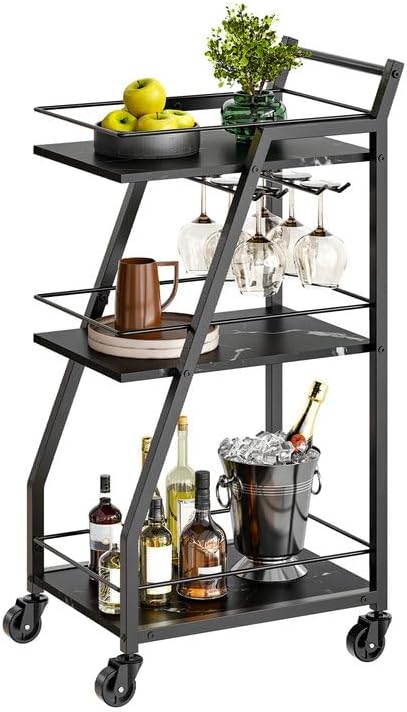 Bar Cart, Gold Bar Cart for The Home, Small Bar Cart on Wheels, Beverage Cart, Home Bar Serving Cart with Glass Holder, Drink Cart for Bar, Kitchen, Marble White and Gold BC03DW