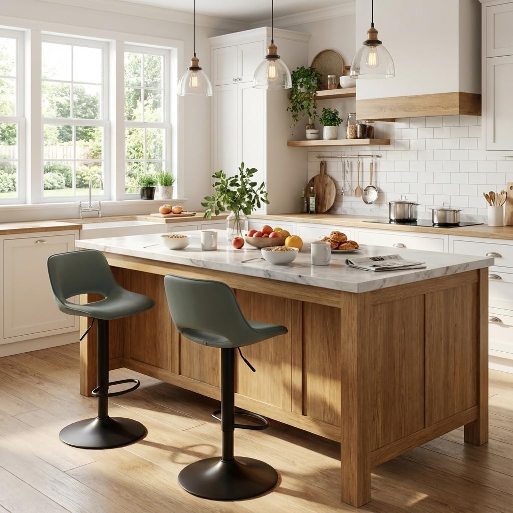 YOUNIKE Bar Stools Set of 2 Modern Swivel Barstools, Adjustable Counter Height Bar Stools Faux Leather Upholstered Counter Stools with Hollow Back for Kitchen Island, Greyish Green