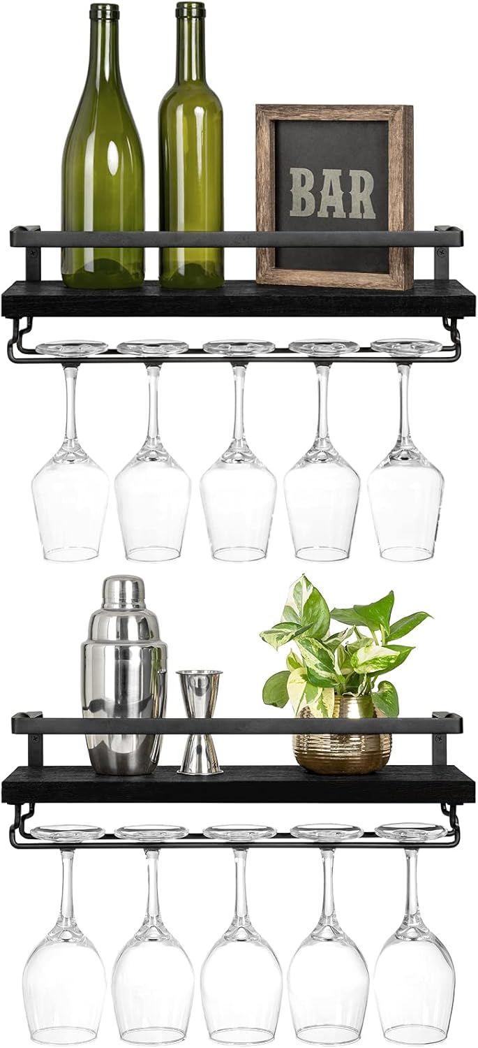 Mkono Wall Mounted Wine Rack Set of 2 Wood Rustic Wine Bottle Glass Floating Shelves with Stemware Hanger Modern Plants Photos Wine Display Storage Holder for Kitchen Dining Room Bar, 17 Inch