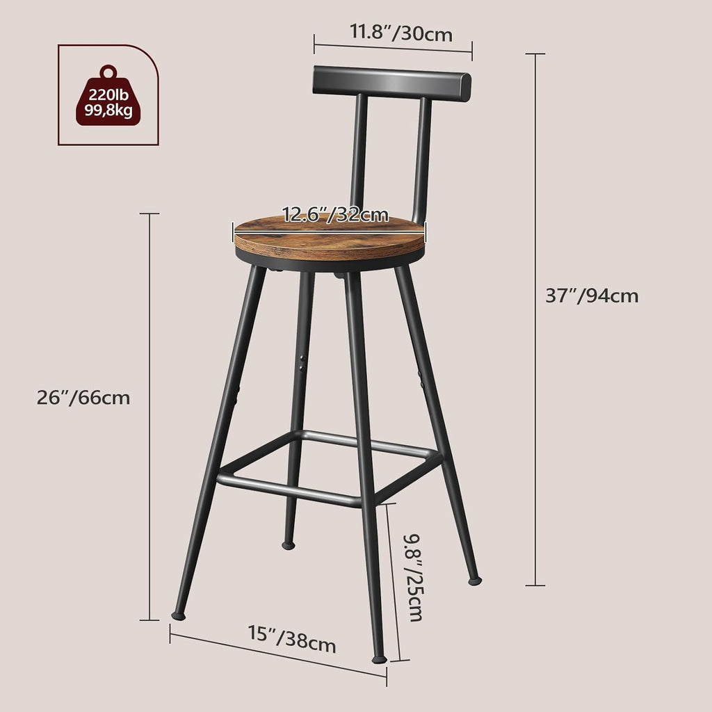 Bar Stools, Set of 2 Bar Chairs with Backrest and Footrest, 26" Tall Counter Stools, Metal Frame, Adjustable Feet, Easy Assembly, for Kitchen, Living Room, Pub, Rustic Brown BAHR6001