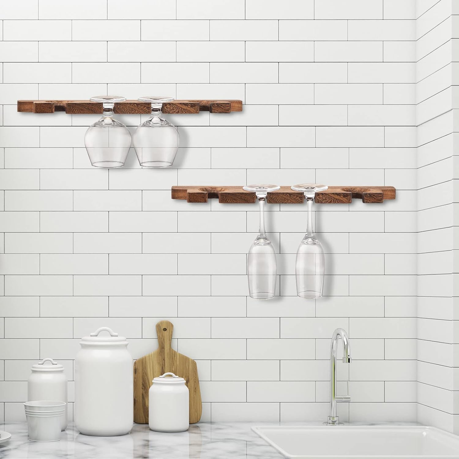 Ripeng 4 Pcs Wall Mounted Wood Stemware Rack Champagne Holder Rustic Wine Glass Hanging Shelf Wood Floating Glassware Wall Holder for Party Kitchen Bar Organizer 17 x 3 x 0. 8 Inch (Dark Brown)