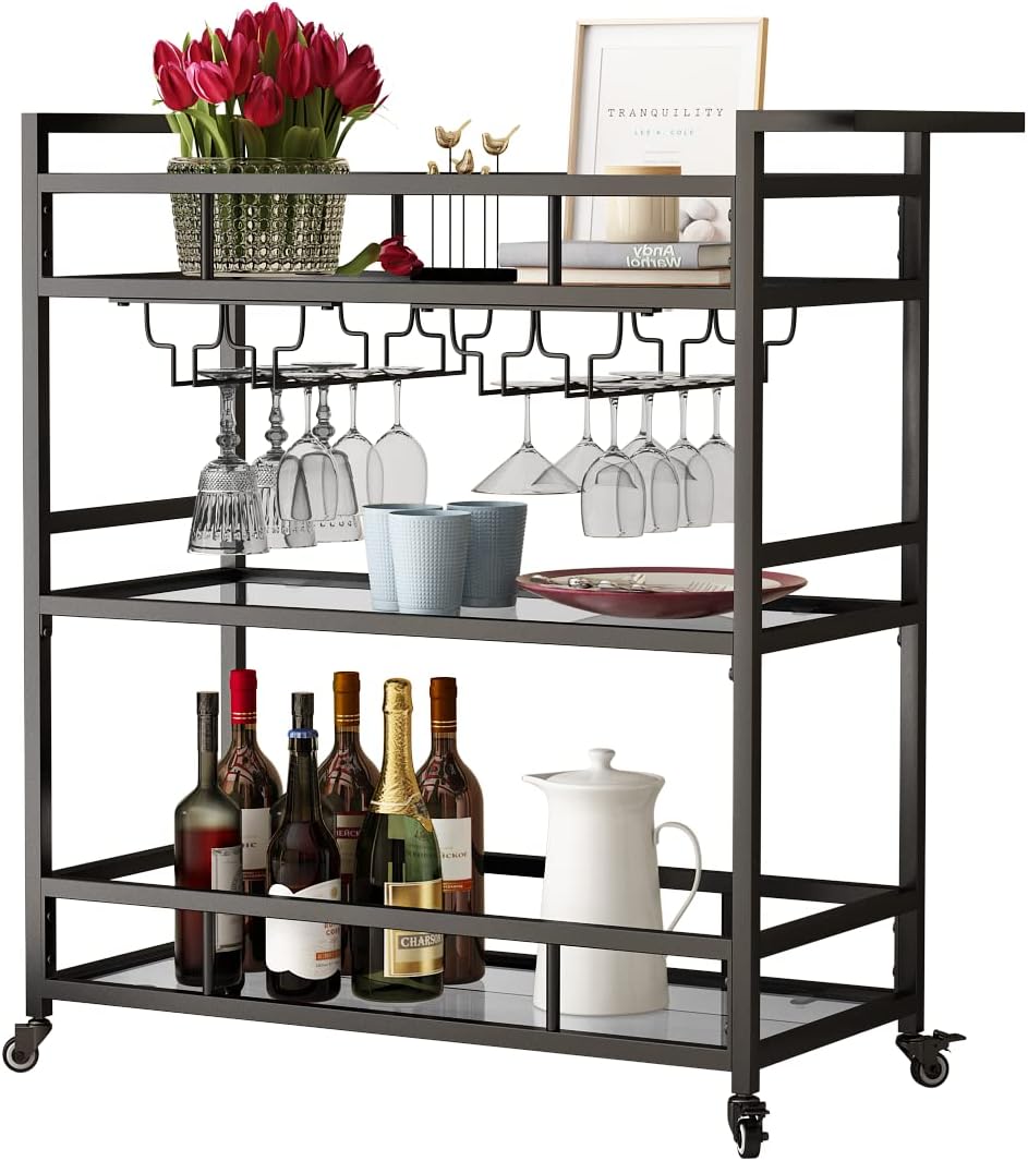 Black Metal Bar Carts with 3 Tier Glass Shelves, Rolling Serving Bar Cart with Wine Rack and Glass Holder, Industrial Bar Carts & Wine Carts on Wheels for Kitchen, Indoor & Outdoor