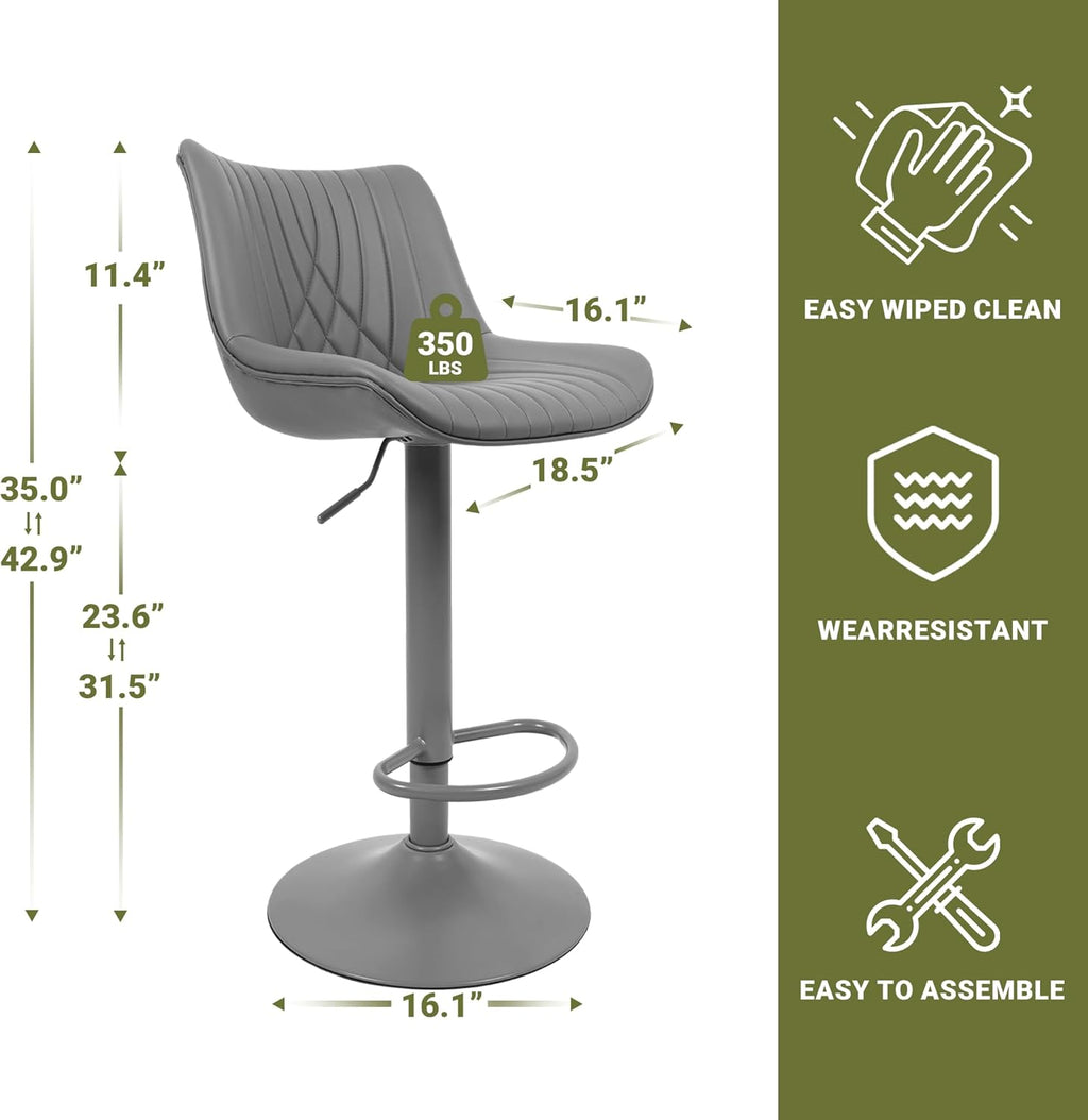 Bar Stools Set of 2, Adjustable Counter Height Bar Stools with Open Back and Footrest, Premium Faux PU Leather, Modern Upholstered Swivel Barstool for Kitchen Island, Bar,or Dining Room, Gray