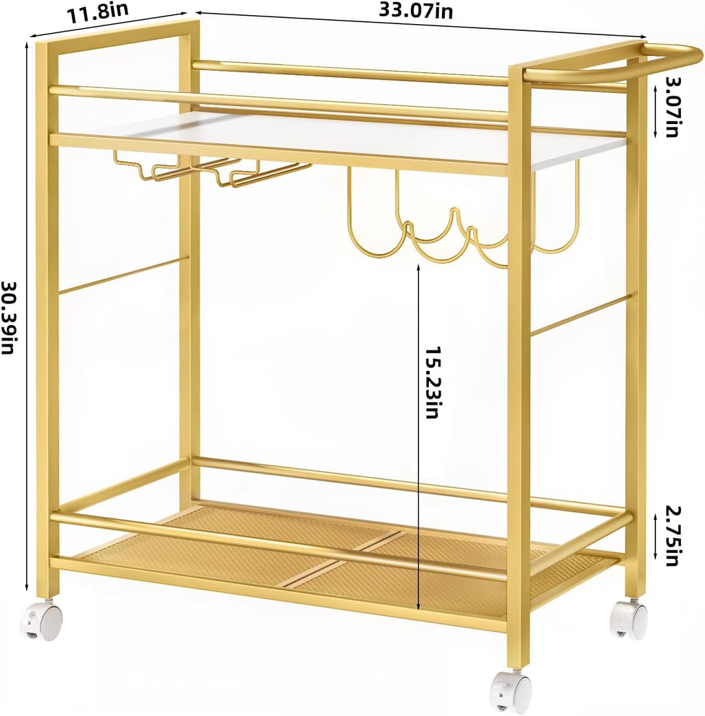 Bar Cart,Home Bar Serving Cart with Storage Shelves, 2 Tier Rolling Beverage Cart with Wheels, Modern Flowing Gold Wine Cart with Wine Rack and Glass Holder for Kitchen, Dinning Room,Living Room