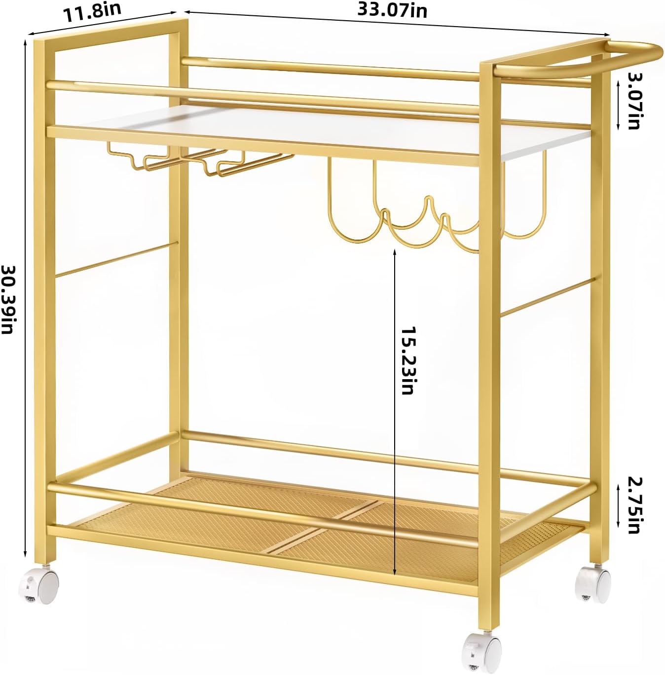 Bar Cart,Home Bar Serving Cart with Storage Shelves, 2 Tier Rolling Beverage Cart with Wheels, Modern Flowing Gold Wine Cart with Wine Rack and Glass Holder for Kitchen, Dinning Room,Living Room