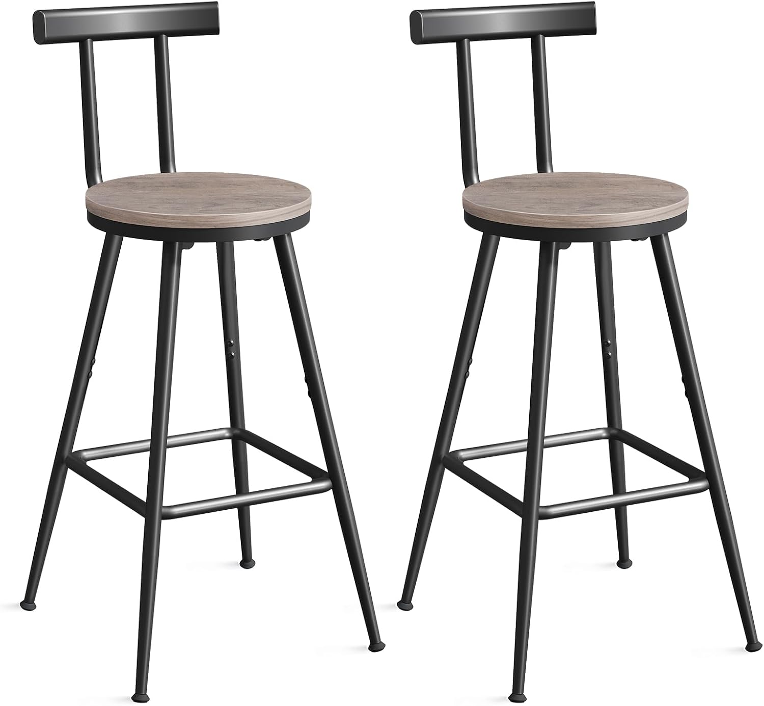 Bar Stools, Set of 2 Bar Chairs with Backrest and Footrest, 26" Tall Counter Stools, Metal Frame, Adjustable Feet, Easy Assembly, for Kitchen, Living Room, Pub, Rustic Brown BAHR6001