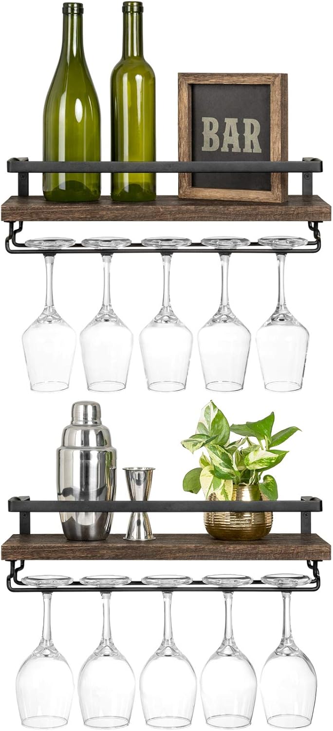 Mkono Wall Mounted Wine Rack Set of 2 Wood Shelf Rustic Wine Bottle Glass Floating Shelves with Stemware Hanger Modern Plants Photos Wine Display Storage Holder for Kitchen Dining Room Bar, Black
