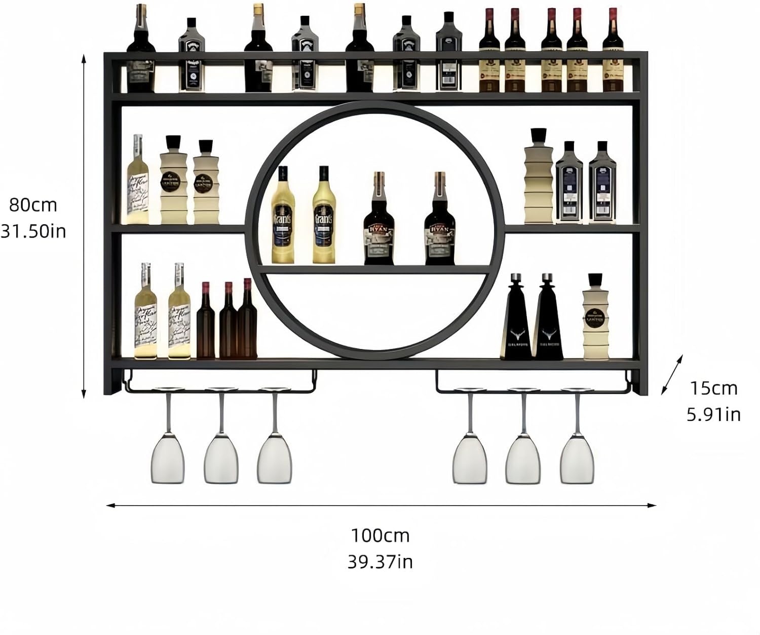 39 Inch Metal Wall Mounted Wine Rack, 3 Tier Bar Shelves with Glass Holder, Large Capacity Modern Liquor Shelves for Home Bar, Dining Room & Kitchen, Black