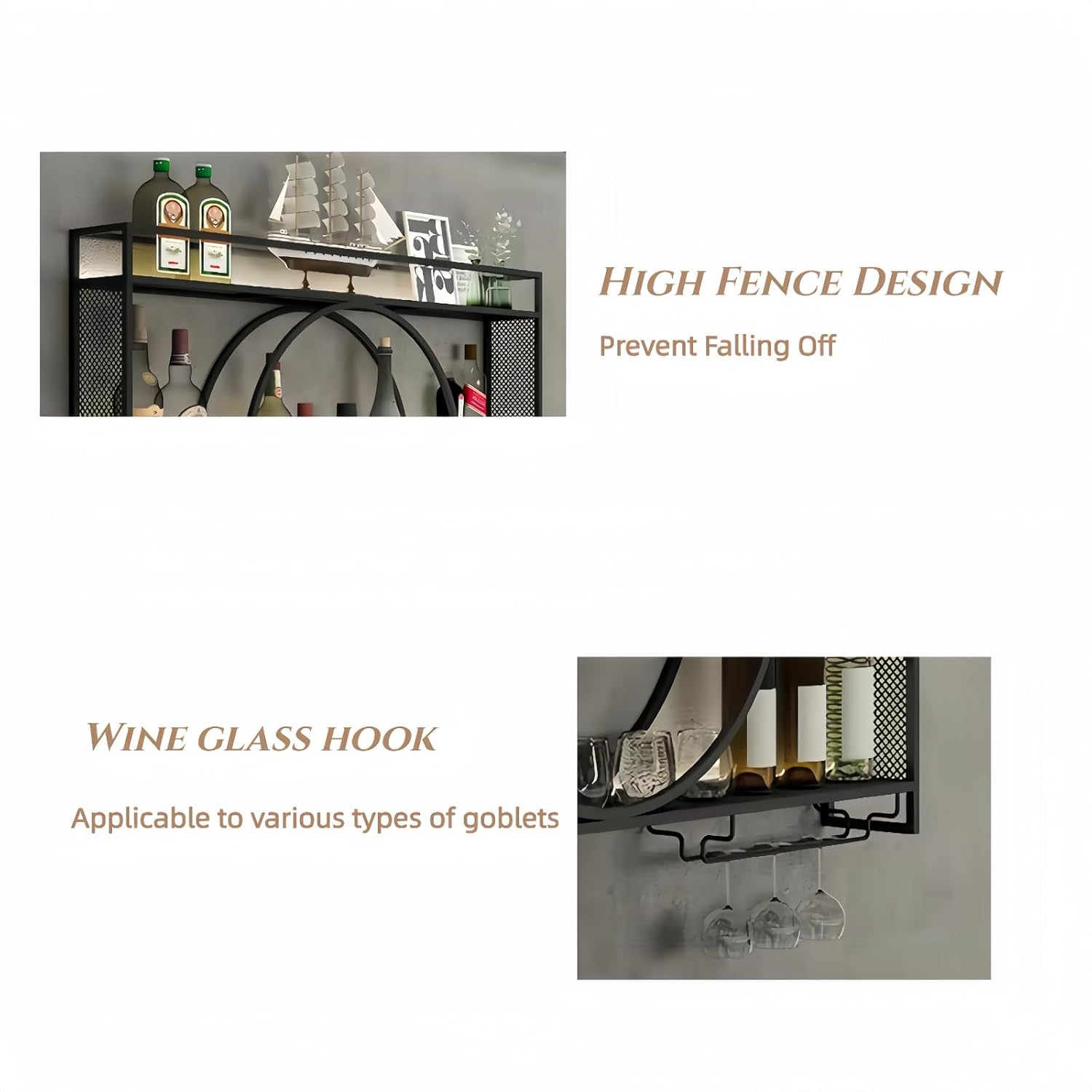 39 Inch Metal Wall Mounted Wine Rack, 3 Tier Bar Shelves with Glass Holder, Large Capacity Modern Liquor Shelves for Home Bar, Dining Room & Kitchen, Black