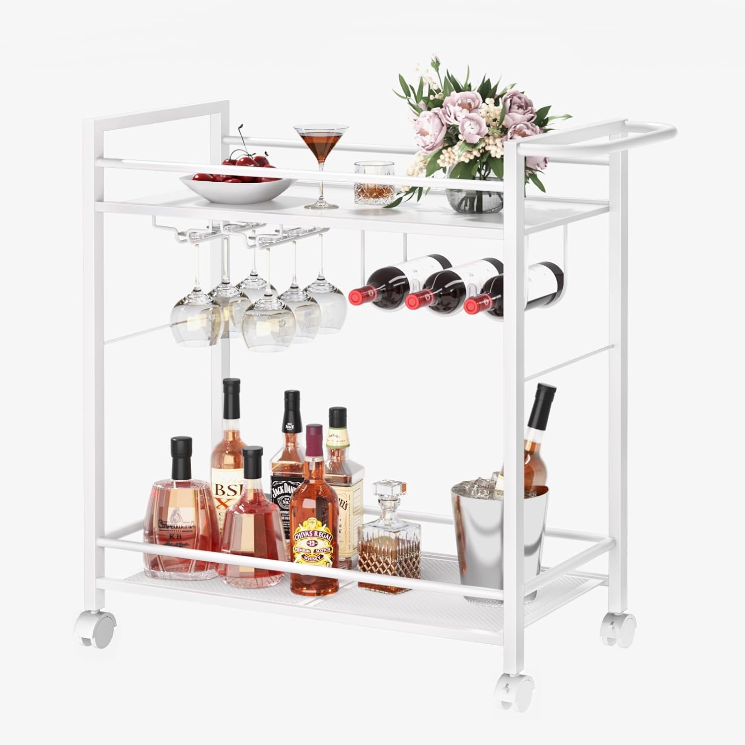Bar Cart,Home Bar Serving Cart with Storage Shelves, 2 Tier Rolling Beverage Cart with Wheels, Modern Flowing Gold Wine Cart with Wine Rack and Glass Holder for Kitchen, Dinning Room,Living Room