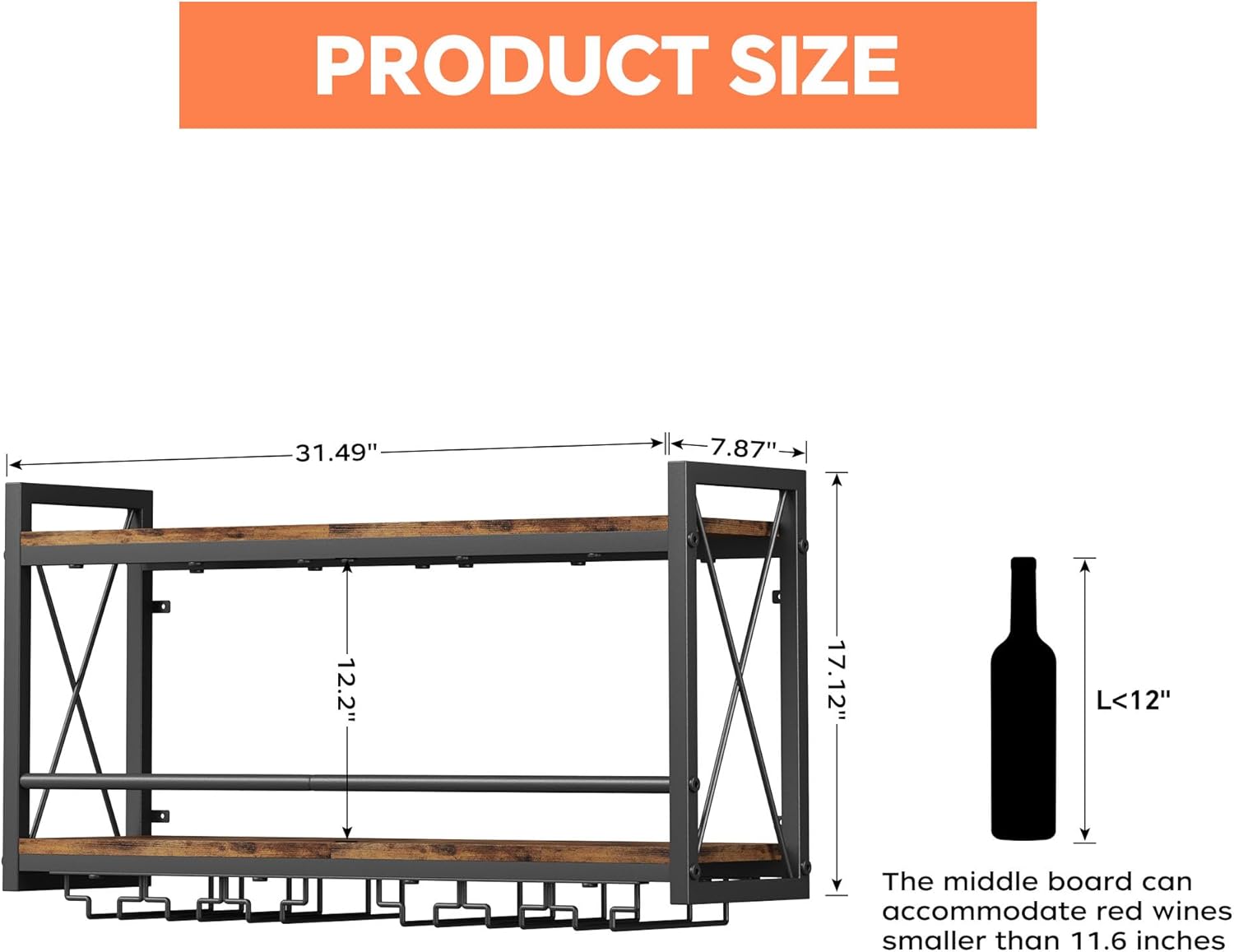 Homeiju Wall Mounted Wine Rack, Bottle & Glass Holder Wood-Metal Retro Wine Rack, Wine Bottles Display Wall Storage for Kitchen Dining Room Home Bar