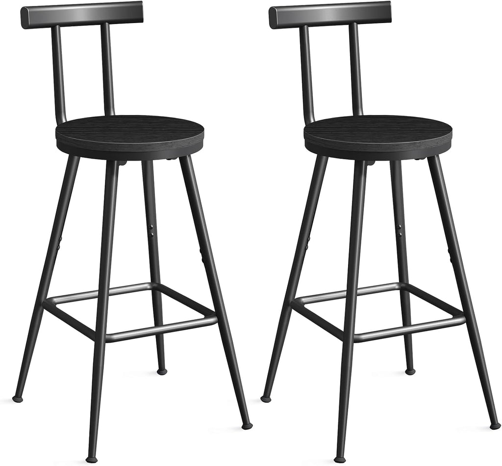 Bar Stools, Set of 2 Bar Chairs with Backrest and Footrest, 26" Tall Counter Stools, Metal Frame, Adjustable Feet, Easy Assembly, for Kitchen, Living Room, Pub, Rustic Brown BAHR6001