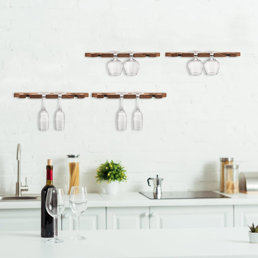 Ripeng 4 Pcs Wall Mounted Wood Stemware Rack Champagne Holder Rustic Wine Glass Hanging Shelf Wood Floating Glassware Wall Holder for Party Kitchen Bar Organizer 17 x 3 x 0. 8 Inch (Dark Brown)