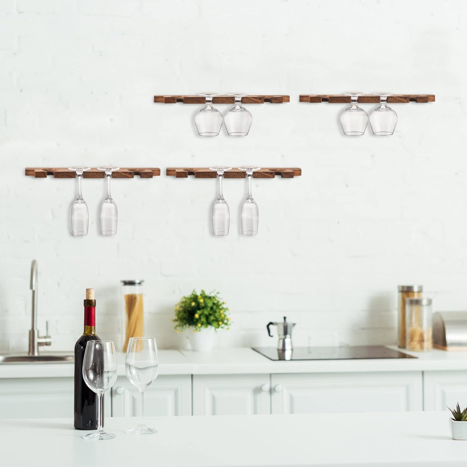 Ripeng 4 Pcs Wall Mounted Wood Stemware Rack Champagne Holder Rustic Wine Glass Hanging Shelf Wood Floating Glassware Wall Holder for Party Kitchen Bar Organizer 17 x 3 x 0. 8 Inch (Dark Brown)