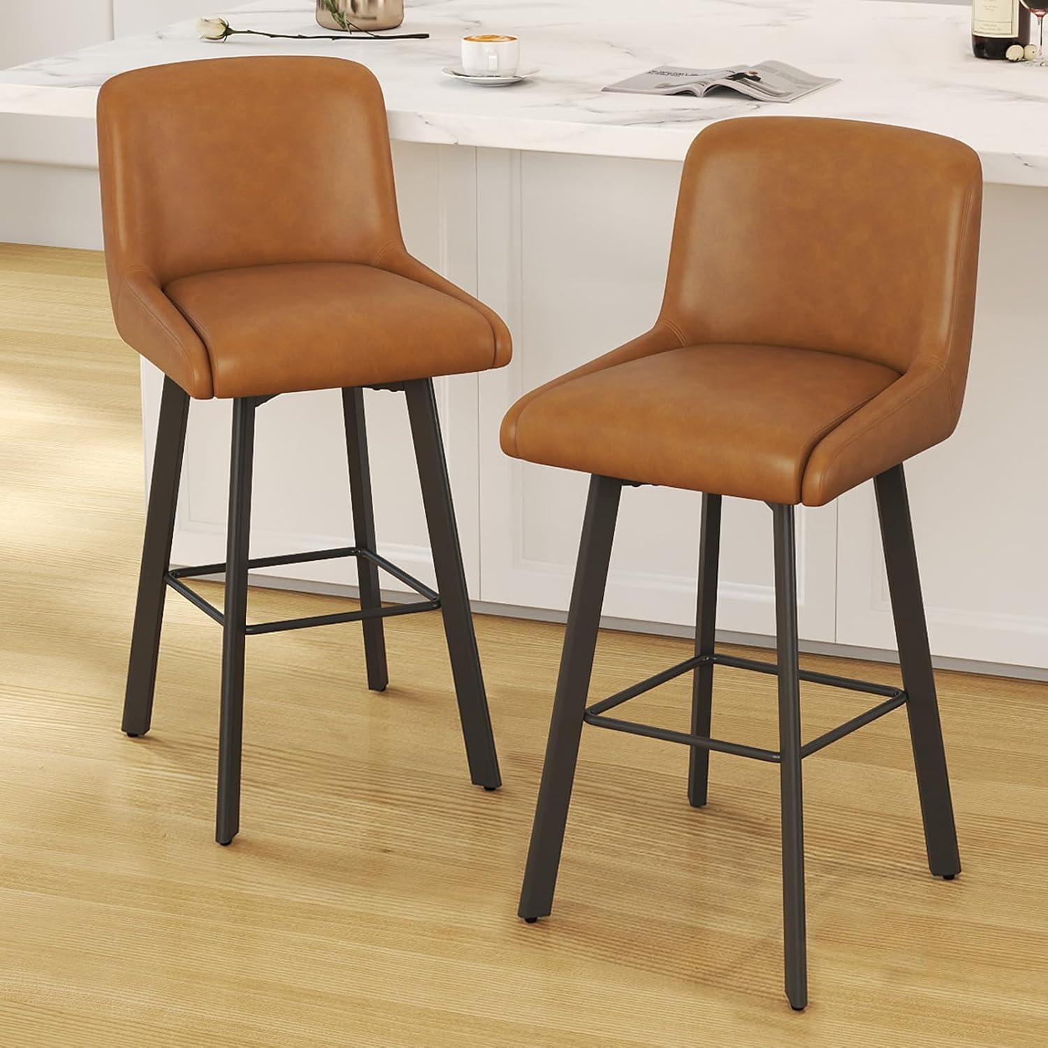 Swivel Bar Stools Set of 2, 26''H Upholstered Barstools with Backs, Modern Counter Height Bar Stool Chairs for Kitchen Island, Metal Legs, Fabric, Gray Counter Stools