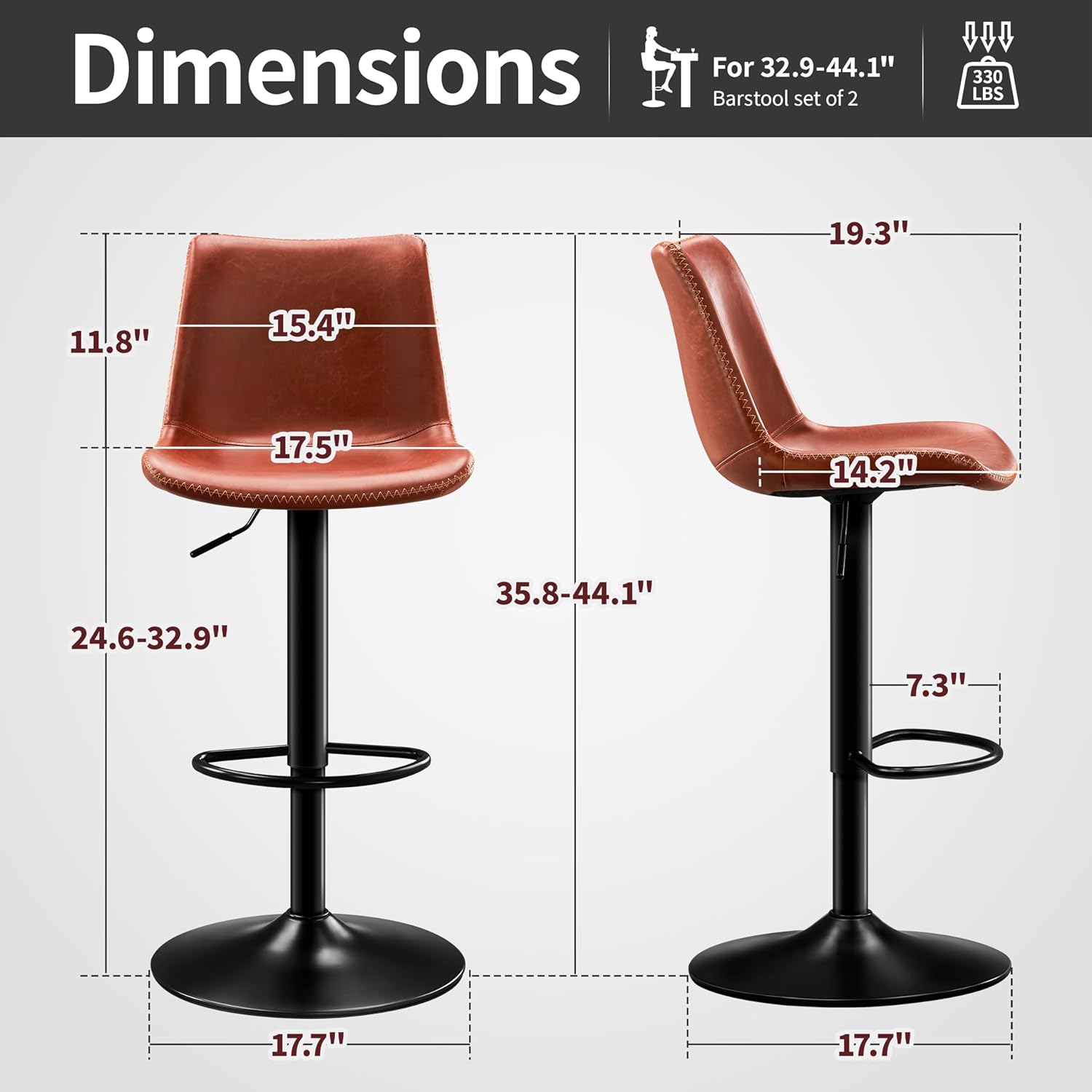 Vintage Bar Stool Height Adjustable Crazy Horse Leather Bar Chair with Wide Seat and Base Bistro Stool, Ergonomic Counter Height Stool with Back for Kitchen Dining Bistro Pubx Set of 2 Brown
