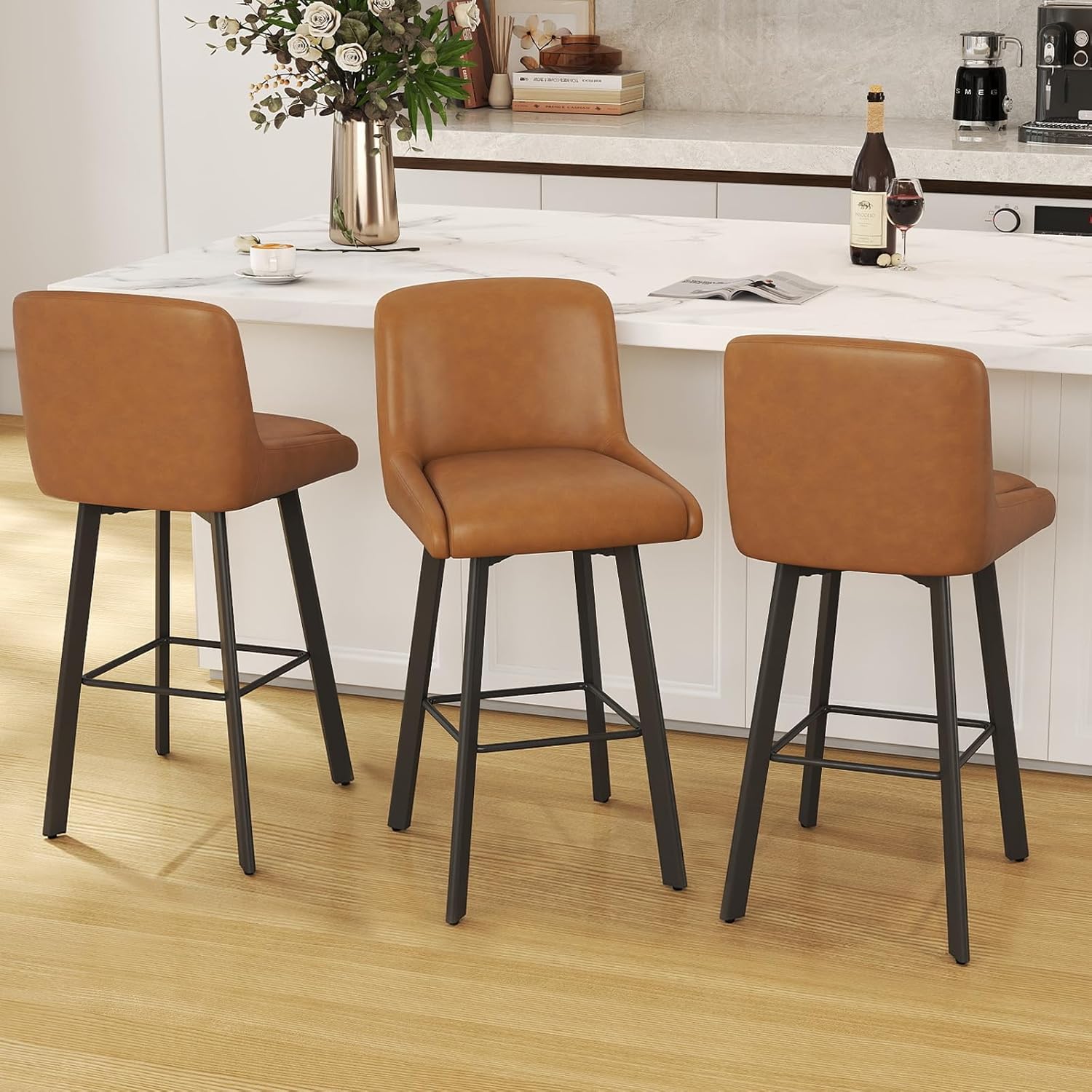 Swivel Bar Stools Set of 2, 26''H Upholstered Barstools with Backs, Modern Counter Height Bar Stool Chairs for Kitchen Island, Metal Legs, Fabric, Gray Counter Stools
