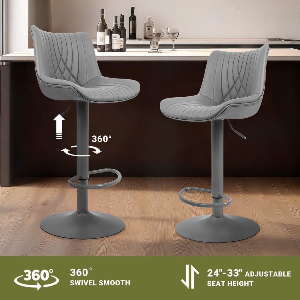 Bar Stools Set of 2, Adjustable Counter Height Bar Stools with Open Back and Footrest, Premium Faux PU Leather, Modern Upholstered Swivel Barstool for Kitchen Island, Bar,or Dining Room, Gray