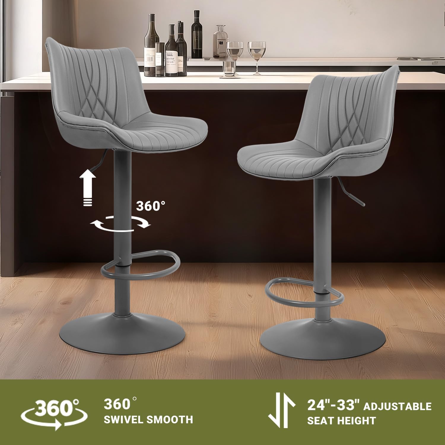 Bar Stools Set of 2, Adjustable Counter Height Bar Stools with Open Back and Footrest, Premium Faux PU Leather, Modern Upholstered Swivel Barstool for Kitchen Island, Bar,or Dining Room, Gray