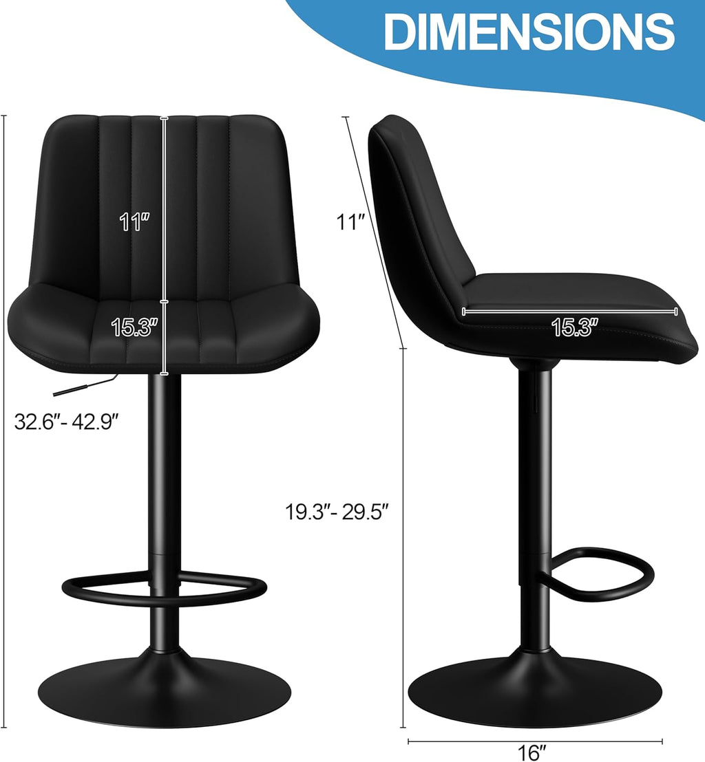 Shintenchi Swivel Bar Stools Set of 2, Adjustable Faux Leather Upholstered Swivel Counter Stools, Armless Bar Height Island Chairs with Back and Footrest, Black