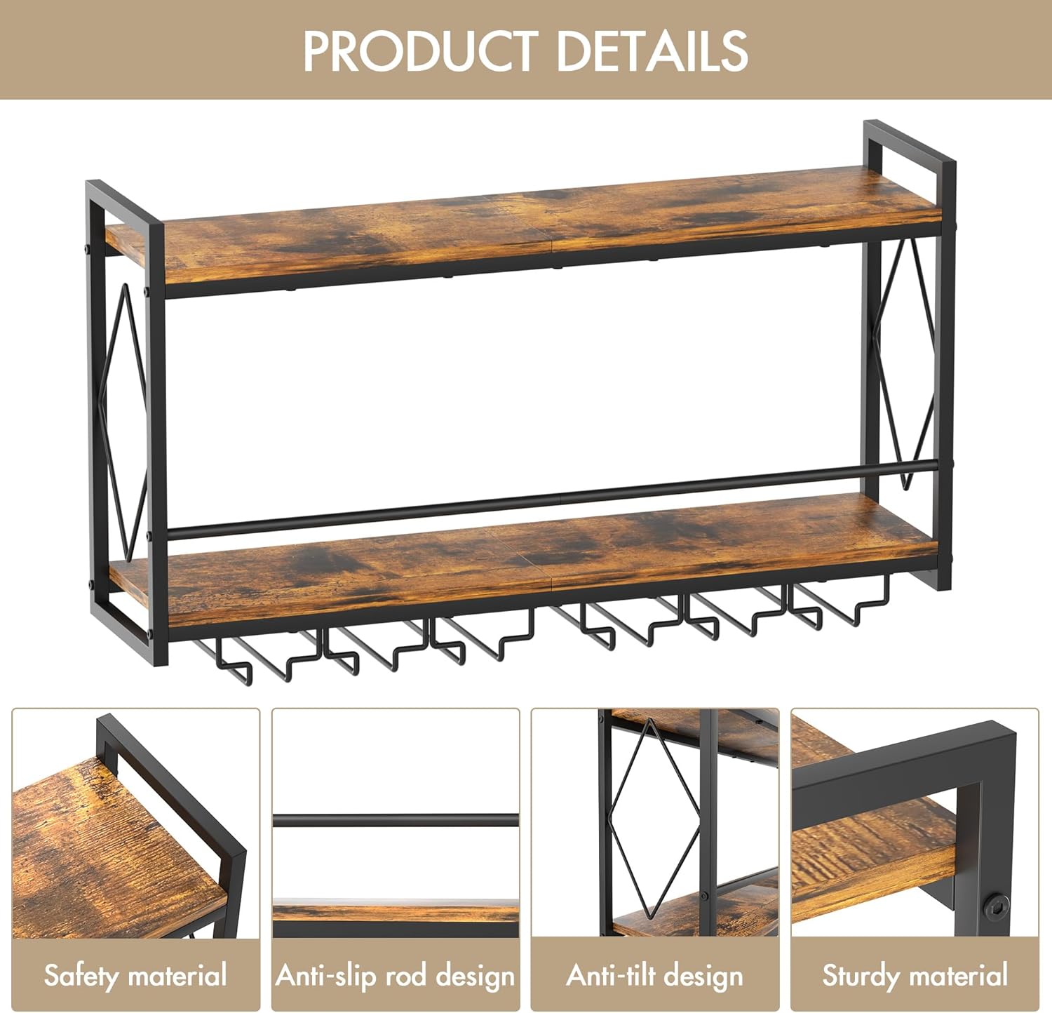 Nidouillet Wall Mounted Wine Rack with LED Light, 31.5" Bar Liquor Shelves with Glass Holder, Metal Hanging Bar Shelves Wine Storage Rack Display for Kitchen Home Bar Dining Room Living Room