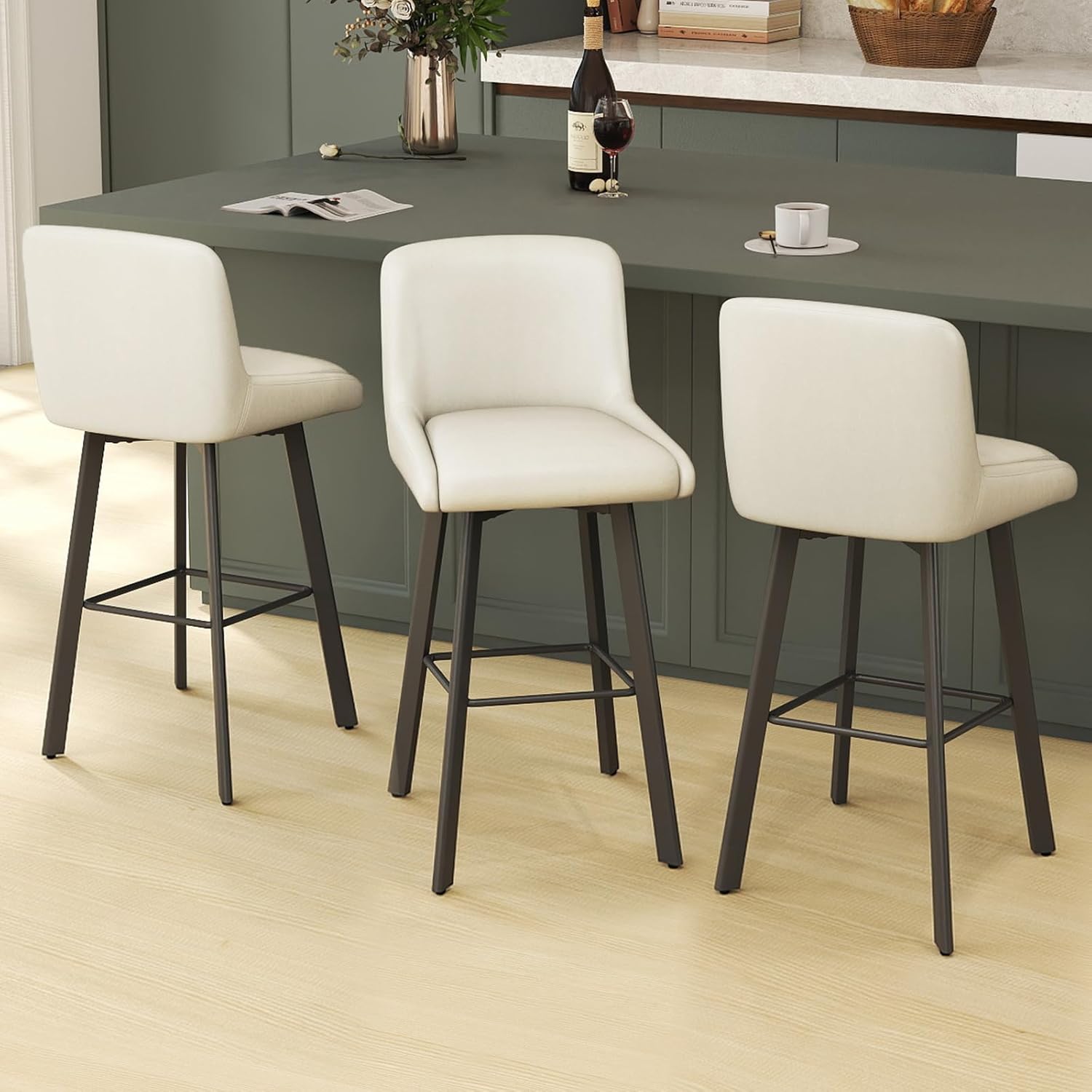 Swivel Bar Stools Set of 2, 26''H Upholstered Barstools with Backs, Modern Counter Height Bar Stool Chairs for Kitchen Island, Metal Legs, Fabric, Gray Counter Stools