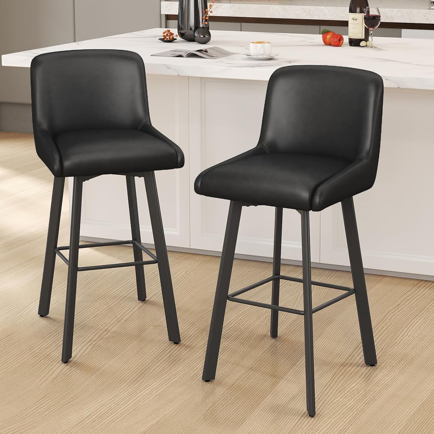 Swivel Bar Stools Set of 2, 26''H Upholstered Barstools with Backs, Modern Counter Height Bar Stool Chairs for Kitchen Island, Metal Legs, Fabric, Gray Counter Stools