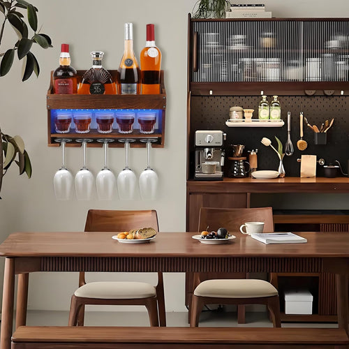 2 Pack Wooden Wine Rack Wall Mounted with LED Light, Wall Wine Rack, Bar Liquor Shelf, Wine Glass Holder Wall Mounted, Floating Bar Shelves for Kitchen, Dining Room, Home Bar