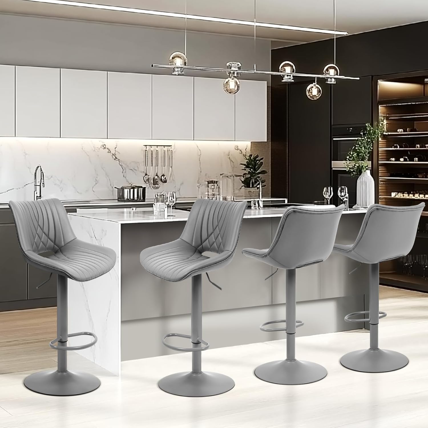 Bar Stools Set of 2, Adjustable Counter Height Bar Stools with Open Back and Footrest, Premium Faux PU Leather, Modern Upholstered Swivel Barstool for Kitchen Island, Bar,or Dining Room, Gray