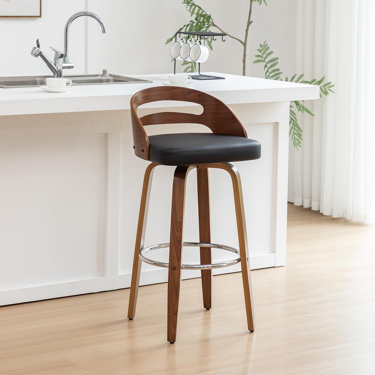 Counter Stools Set of 2, Counter Height Bar Stools with Walnut Crafts, Bentwood Curved Back, Upholstered Faux Leather, Soft Cushion Seat, Swivel Counter Chairs for Island/Pub (Green, 26" Seat Height)