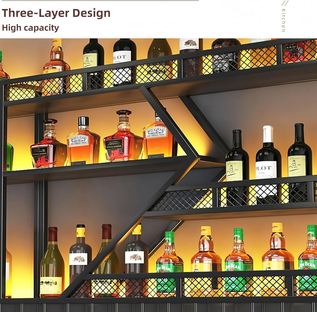 71in Wall Mounted Liquor Shelves with LED Lights, Industrial Metal Wall Bar Rack with Wine Glass Holder, Large Bottle Display Shelf for Home Kitchen (Gold)