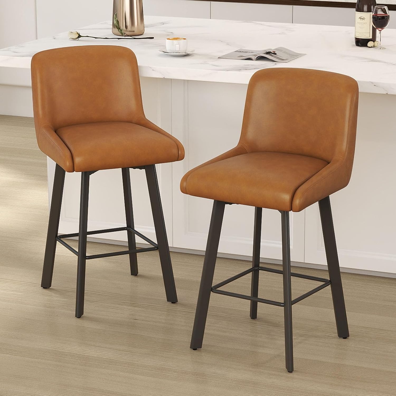 Swivel Bar Stools Set of 2, 26''H Upholstered Barstools with Backs, Modern Counter Height Bar Stool Chairs for Kitchen Island, Metal Legs, Fabric, Gray Counter Stools
