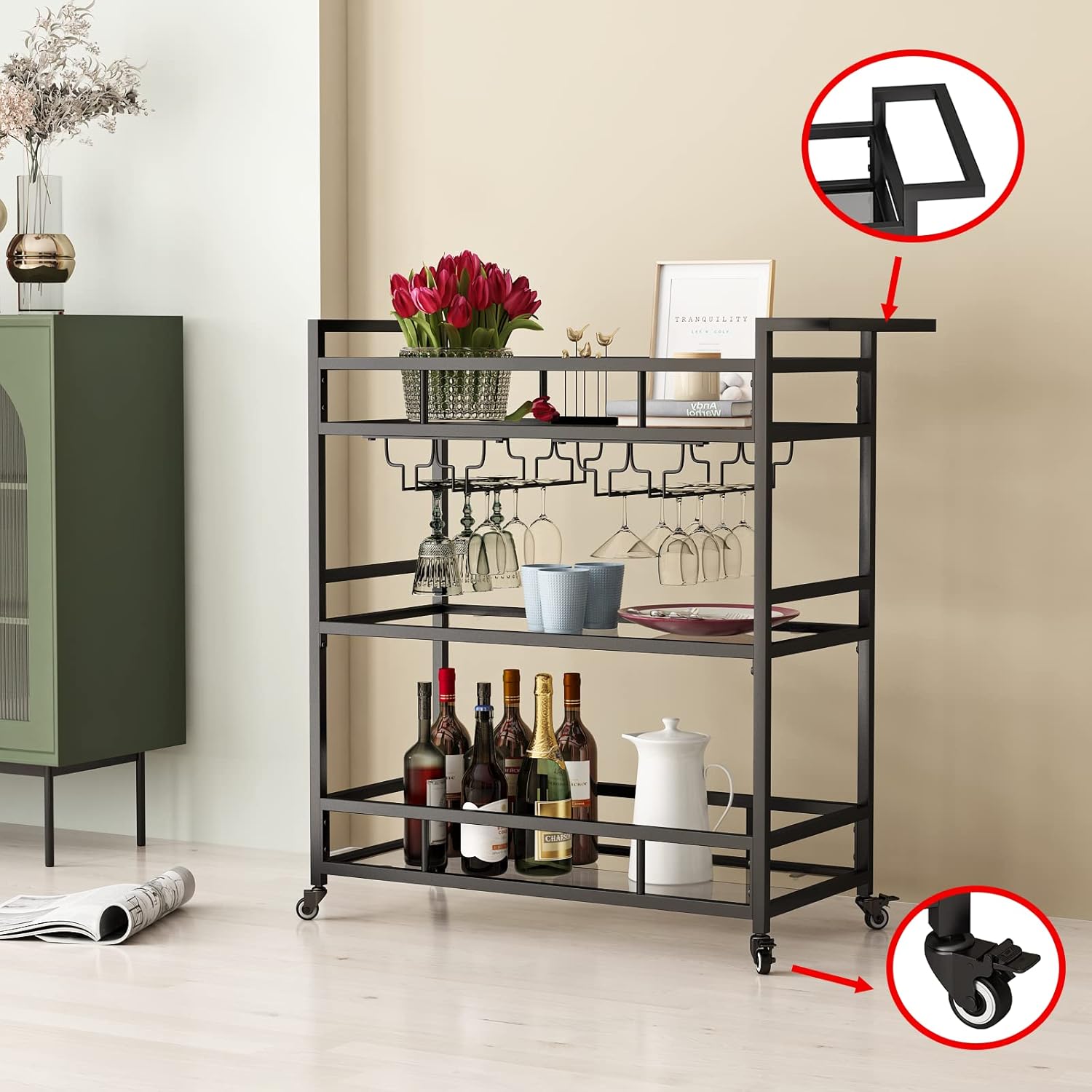 Black Metal Bar Carts with 3 Tier Glass Shelves, Rolling Serving Bar Cart with Wine Rack and Glass Holder, Industrial Bar Carts & Wine Carts on Wheels for Kitchen, Indoor & Outdoor
