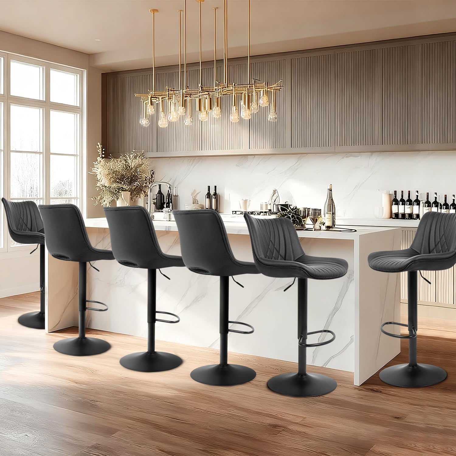 Bar Stools Set of 2, Adjustable Counter Height Bar Stools with Open Back and Footrest, Premium Faux PU Leather, Modern Upholstered Swivel Barstool for Kitchen Island, Bar,or Dining Room, Gray