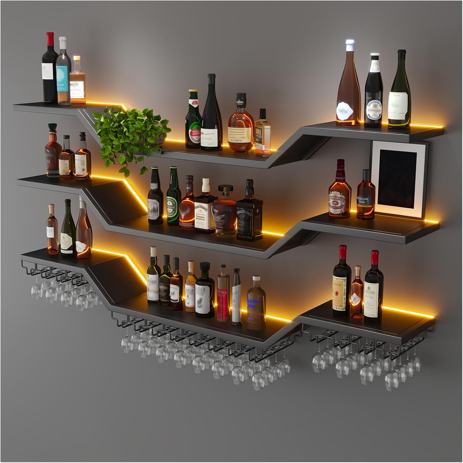 39.4in Modern LED Wine Rack Wall Mounted, 3-Tier Floating Bar Shelves with Wine Glass Rack, Large Hanging Liquor Shelf Wall Mounted, for Home Bar Dining Room Cafe Decorative (Black, 39.4in/100cm)