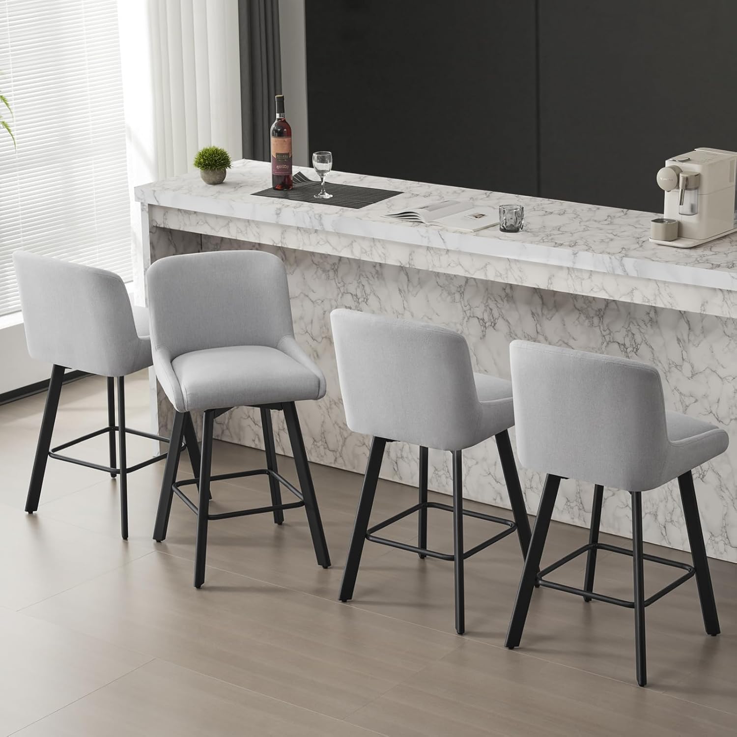 Swivel Bar Stools Set of 2, 26''H Upholstered Barstools with Backs, Modern Counter Height Bar Stool Chairs for Kitchen Island, Metal Legs, Fabric, Gray Counter Stools