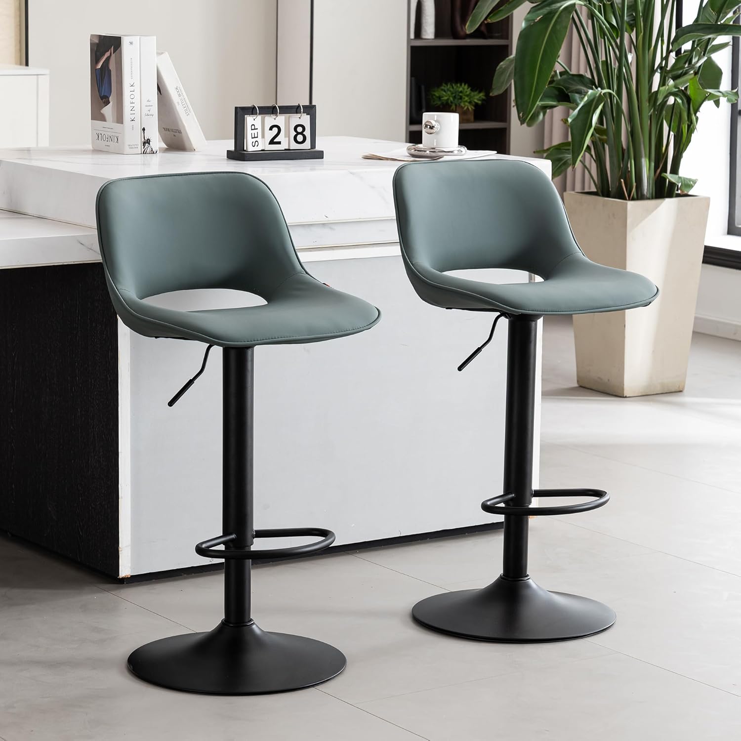 YOUNIKE Bar Stools Set of 2 Modern Swivel Barstools, Adjustable Counter Height Bar Stools Faux Leather Upholstered Counter Stools with Hollow Back for Kitchen Island, Greyish Green