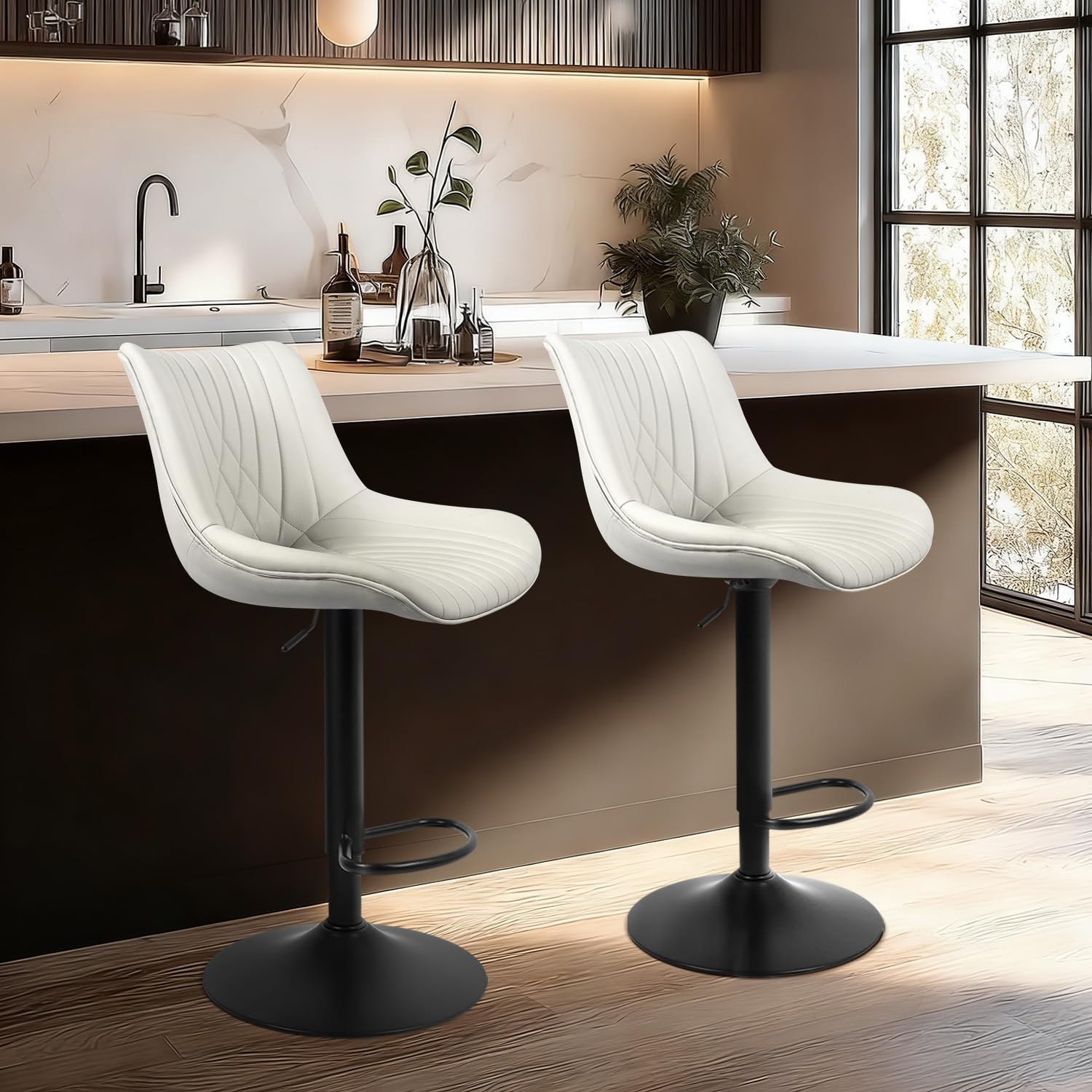 Bar Stools Set of 2, Adjustable Counter Height Bar Stools with Open Back and Footrest, Premium Faux PU Leather, Modern Upholstered Swivel Barstool for Kitchen Island, Bar,or Dining Room, Gray