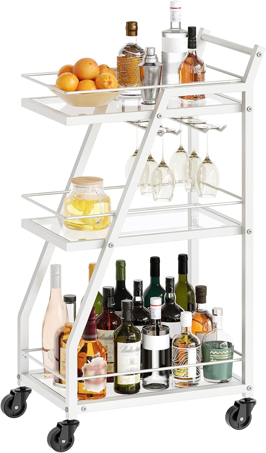 Bar Cart, Gold Bar Cart for The Home, Small Bar Cart on Wheels, Beverage Cart, Home Bar Serving Cart with Glass Holder, Drink Cart for Bar, Kitchen, Marble White and Gold BC03DW