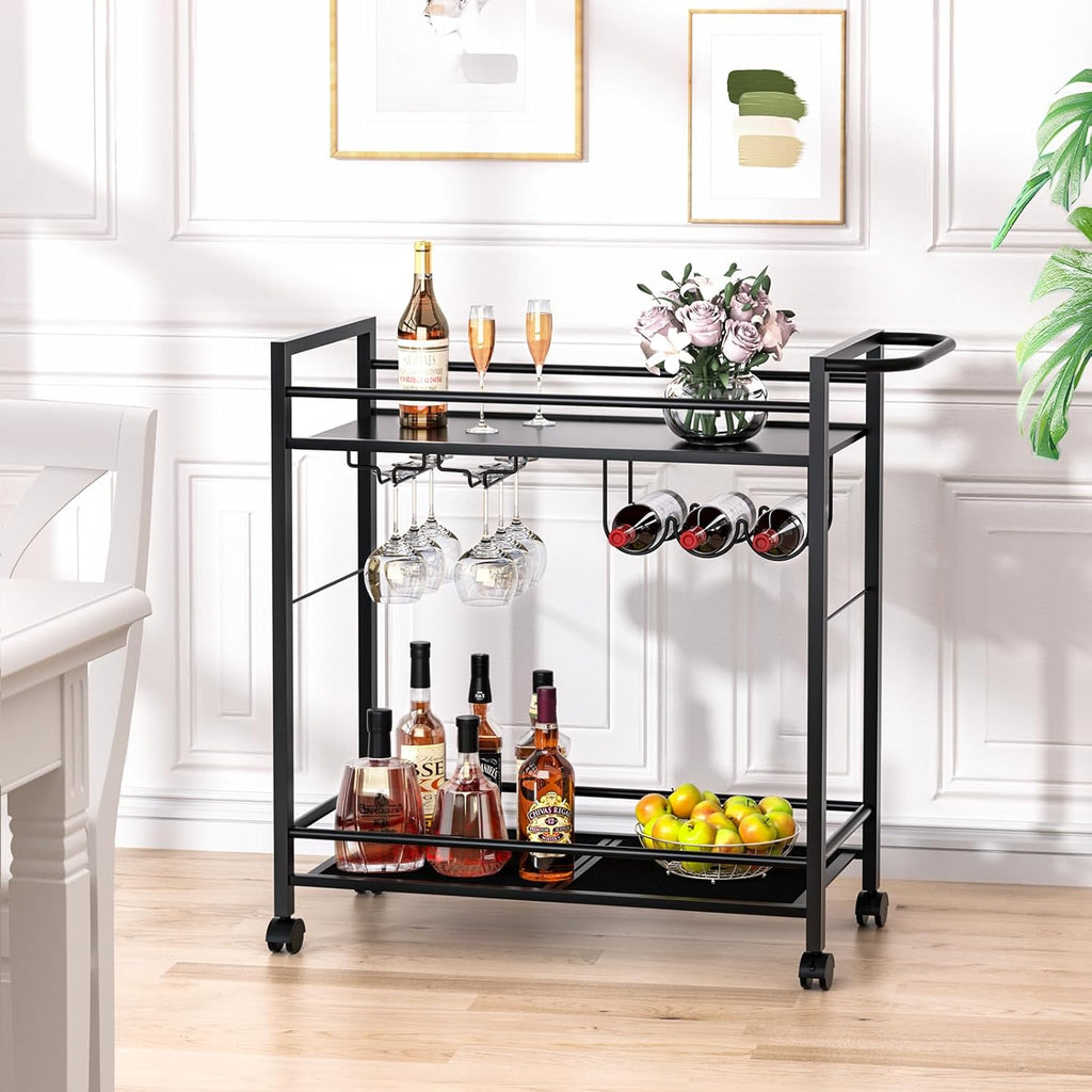 Bar Cart,Home Bar Serving Cart with Storage Shelves, 2 Tier Rolling Beverage Cart with Wheels, Modern Wine Cart with Wine Rack and Glass Holder for Kitchen, Living Room,Dinning Room,Black