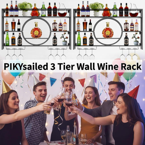 39 Inch Metal Wall Mounted Wine Rack, 3 Tier Bar Shelves with Glass Holder, Large Capacity Modern Liquor Shelves for Home Bar, Dining Room & Kitchen, Black