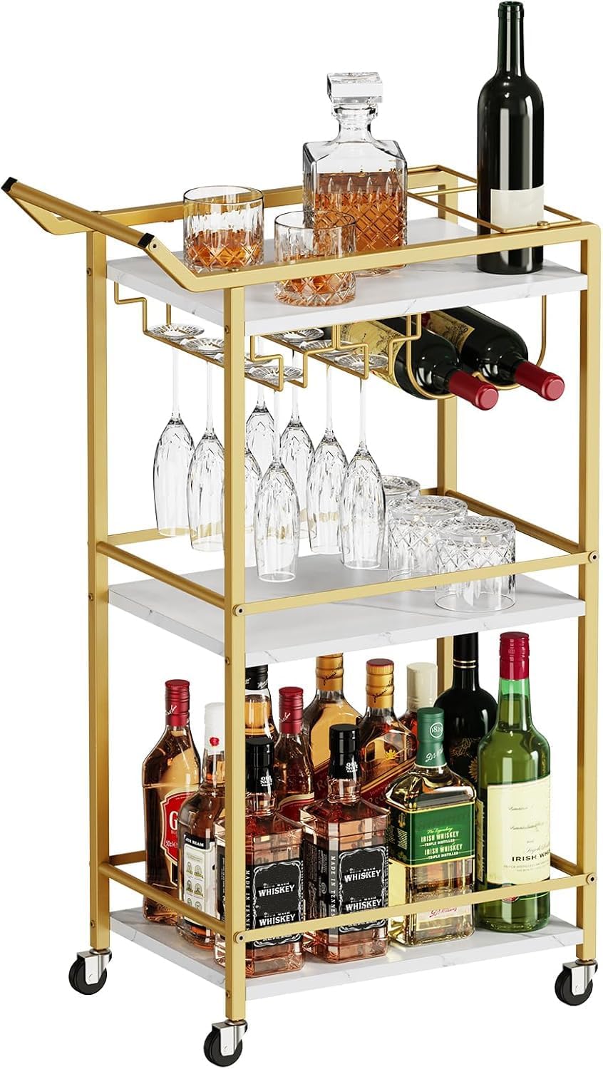 3 Tier Bar Cart, Mini Liquor Utility Cart for Wine Beverage Dinner Party, Rolling Wine Coffee Drink Serving Cart with Lockable Wheels for Home Kitchen Bars (Rustic Brown)