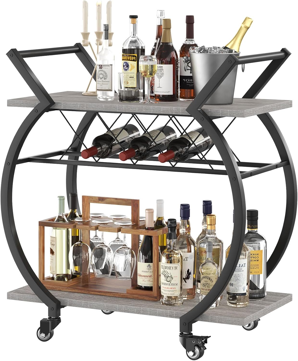 LVB Black Wine Cart with Wheels, Modern Bar Cart with Wine Rack, Industrial Beverage Rolling Kitchen Serving Cart with Storage, Metal Wooden Microwave Drink Liquor Cart for Home Dining Room, Black Oak