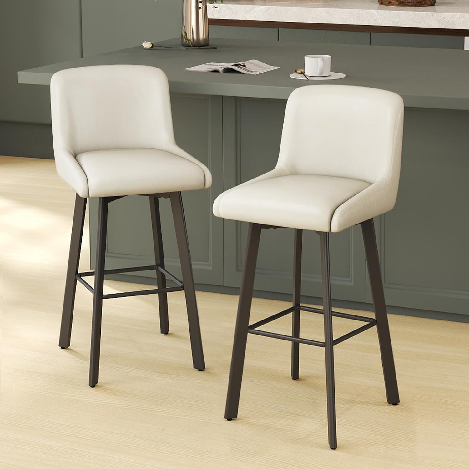 Swivel Bar Stools Set of 2, 26''H Upholstered Barstools with Backs, Modern Counter Height Bar Stool Chairs for Kitchen Island, Metal Legs, Fabric, Gray Counter Stools