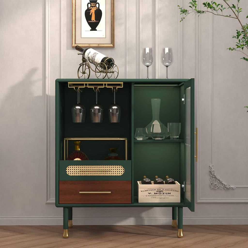 ARTPOWER Modern Coffee Bar Cabinet with Wine Glass Rack and Drawers, Green Liquor Cabinet with Pull-Out Wine Storage for Kitchen, Dining Room, Living Room | Wine Glass Rack, Drawers