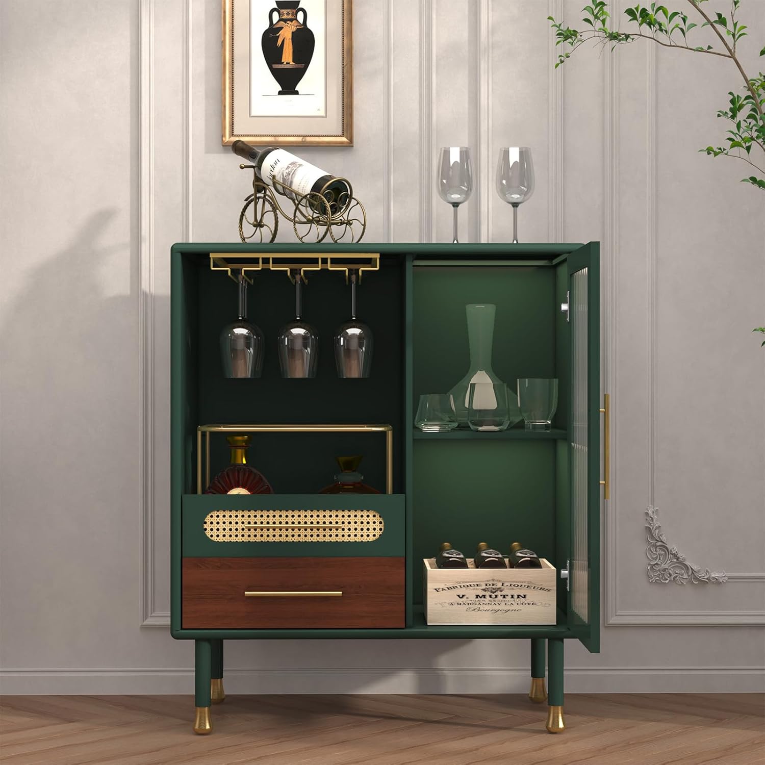 ARTPOWER Modern Coffee Bar Cabinet with Wine Glass Rack and Drawers, Green Liquor Cabinet with Pull-Out Wine Storage for Kitchen, Dining Room, Living Room | Wine Glass Rack, Drawers