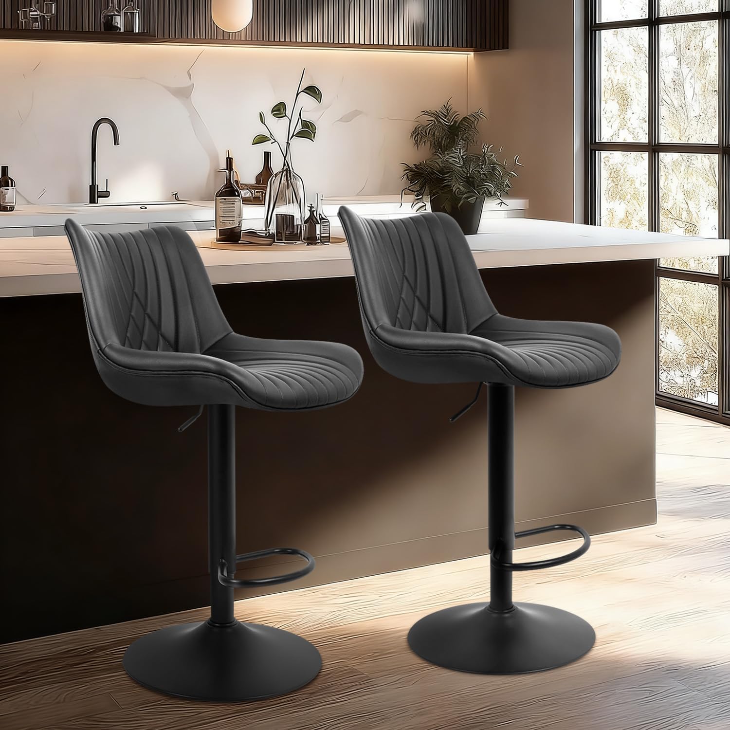 Bar Stools Set of 2, Adjustable Counter Height Bar Stools with Open Back and Footrest, Premium Faux PU Leather, Modern Upholstered Swivel Barstool for Kitchen Island, Bar,or Dining Room, Gray