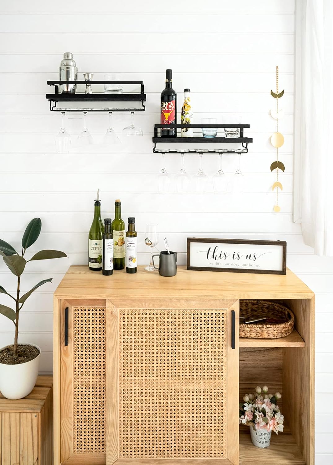 Mkono Wall Mounted Wine Rack Set of 2 Wood Shelf Rustic Wine Bottle Glass Floating Shelves with Stemware Hanger Modern Plants Photos Wine Display Storage Holder for Kitchen Dining Room Bar, Black