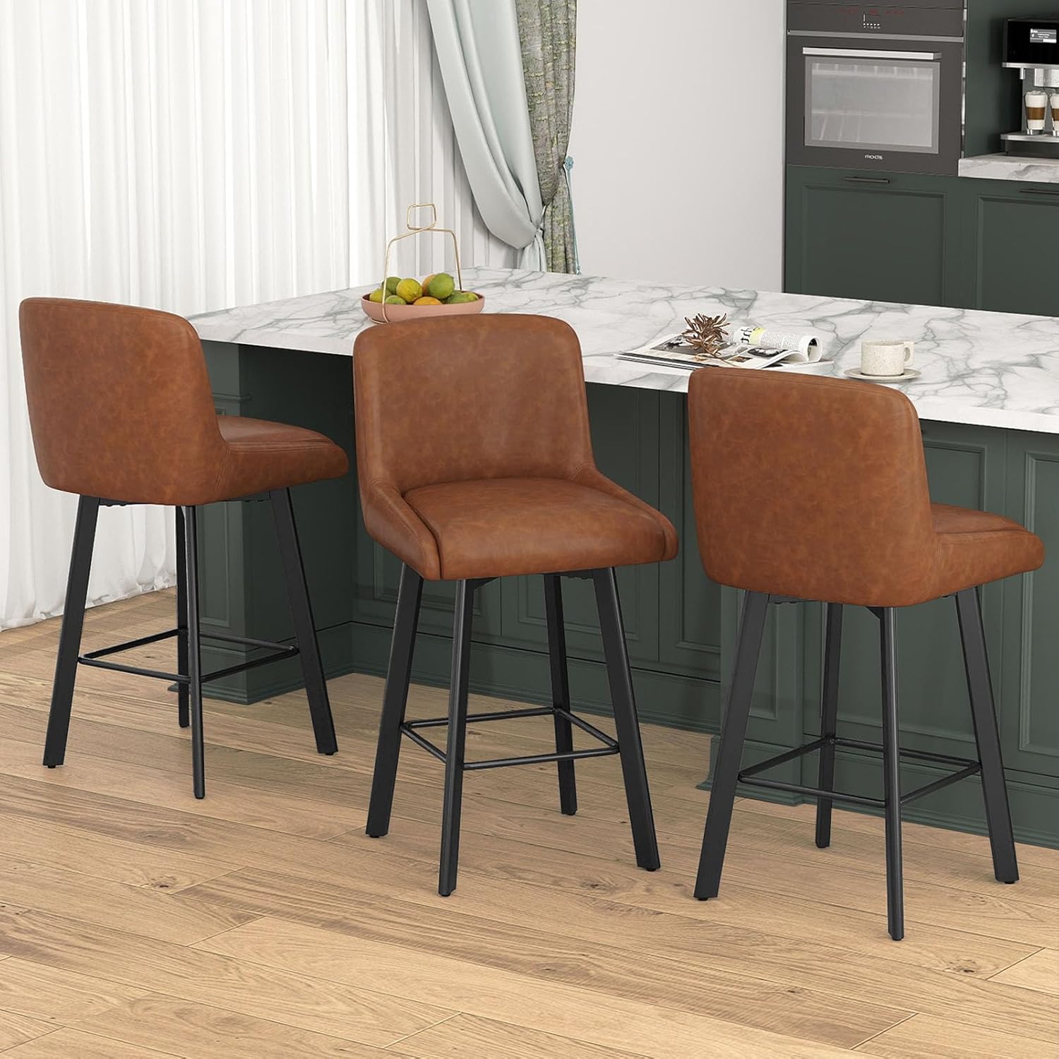 Swivel Bar Stools Set of 2, 26''H Upholstered Barstools with Backs, Modern Counter Height Bar Stool Chairs for Kitchen Island, Metal Legs, Fabric, Gray Counter Stools