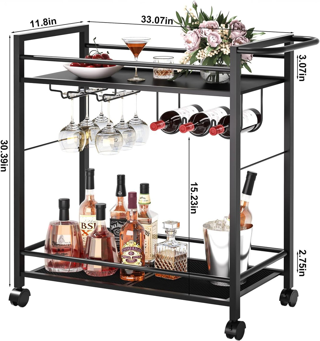 Bar Cart,Home Bar Serving Cart with Storage Shelves, 2 Tier Rolling Beverage Cart with Wheels, Modern Wine Cart with Wine Rack and Glass Holder for Kitchen, Living Room,Dinning Room,Black